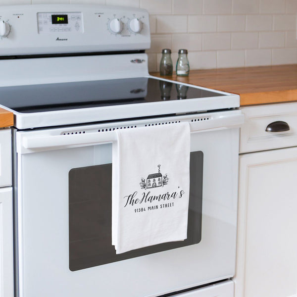 Last Name & Address Tea Towel with House - Personalized Kitchen Towel
