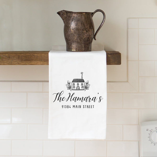 Last Name & Address Tea Towel with House - Personalized Kitchen Towel