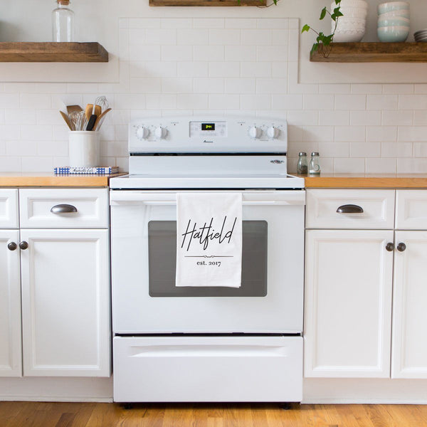 Last Name & Date Tea Towel - Personalized Kitchen Towel