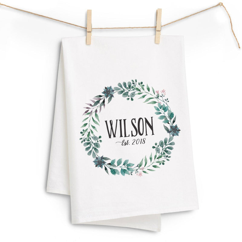 Last Name & Date Wreath Tea Towel - Personalized Kitchen Towel