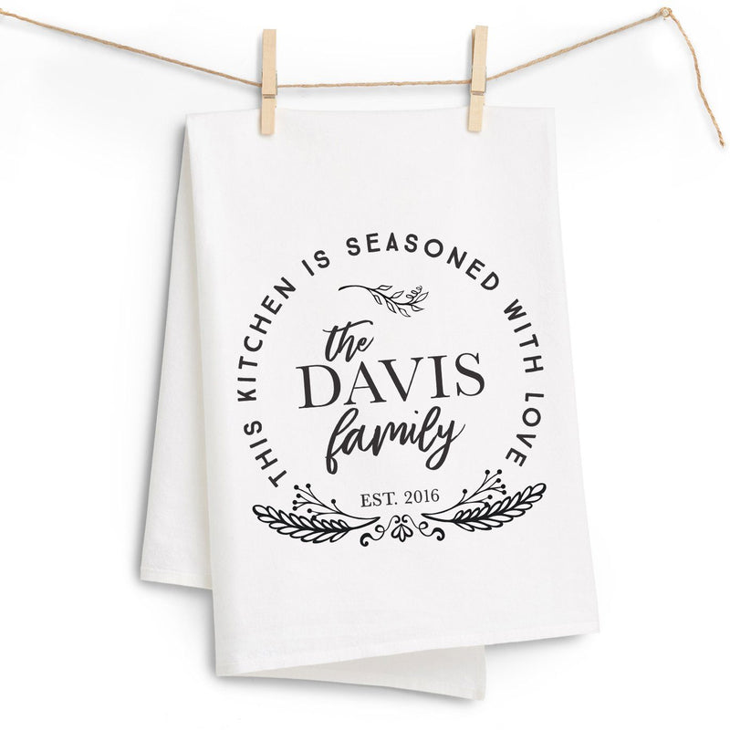 "Seasoned with Love" Family Name Tea Towel - Personalized Kitchen Towel