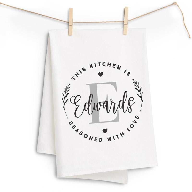 "Seasoned with Love" Monogram Tea Towel - Personalized Kitchen Towel