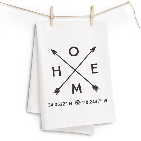 "Home" Tea Towel with Coordinates - Personalized Kitchen Towel