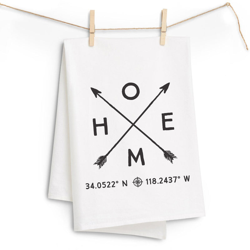 "Home" Tea Towel with Coordinates - Personalized Kitchen Towel