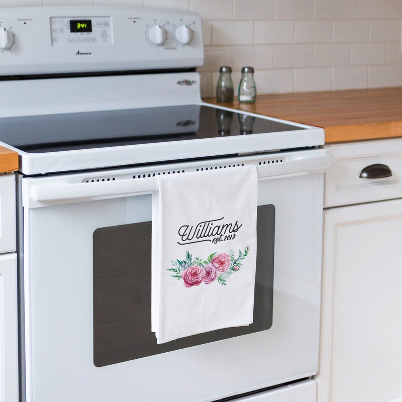 Last Name, Est. Year, Floral Tea Towel - Personalized Kitchen Towel