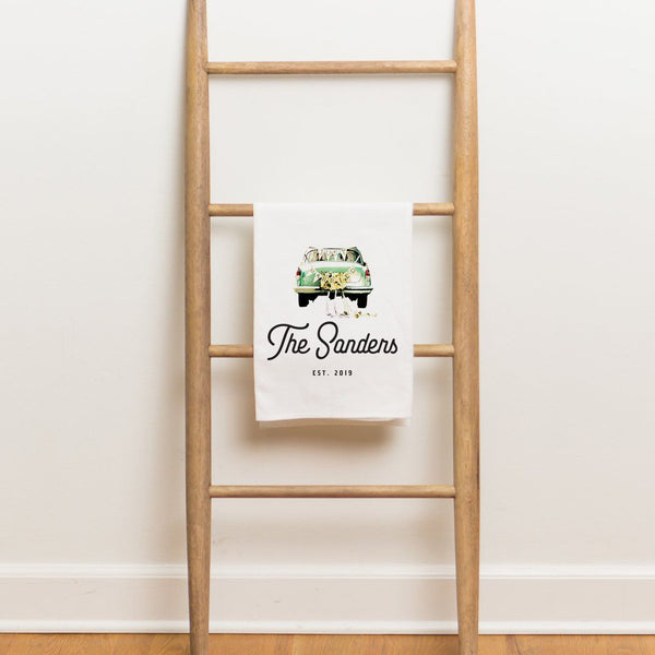 "Just Married" Car with Last Name Tea Towel - Personalized Kitchen Towel