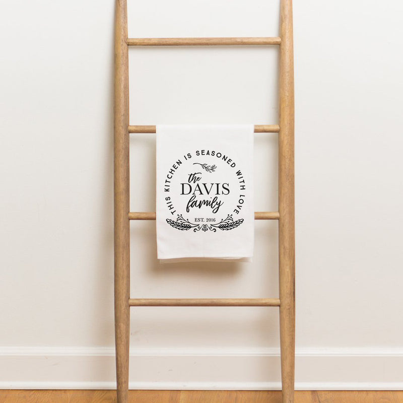 "Seasoned with Love" Family Name Tea Towel - Personalized Kitchen Towel