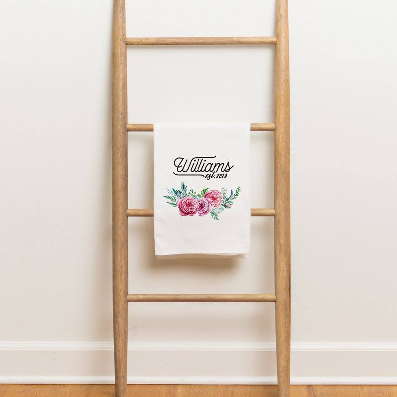 Last Name, Est. Year, Floral Tea Towel - Personalized Kitchen Towel
