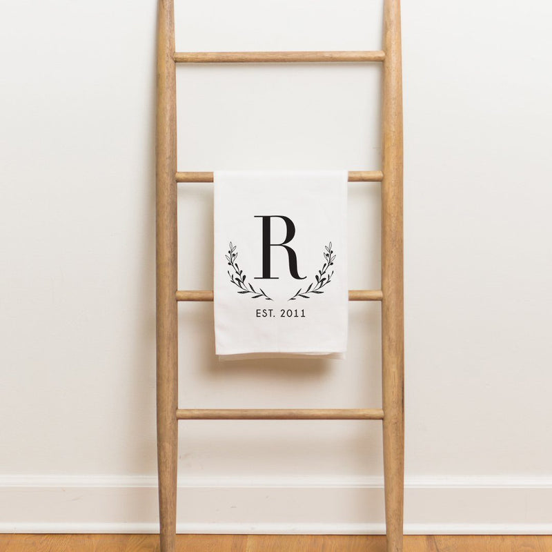 Monogram Laurel Wreath Tea Towel - Personalized Kitchen Towel