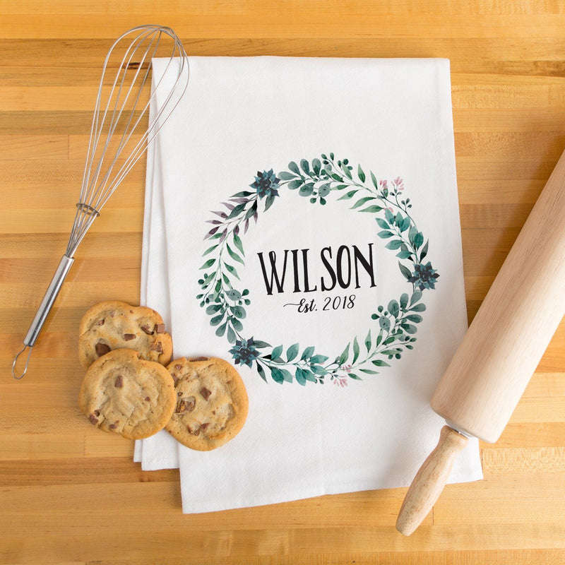 Last Name & Date Wreath Tea Towel - Personalized Kitchen Towel