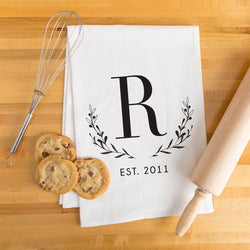 Monogram Laurel Wreath Tea Towel - Personalized Kitchen Towel