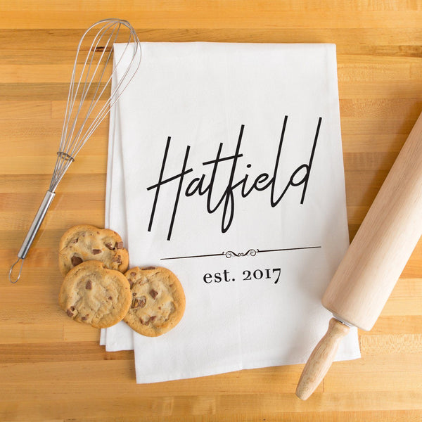 Last Name & Date Tea Towel - Personalized Kitchen Towel