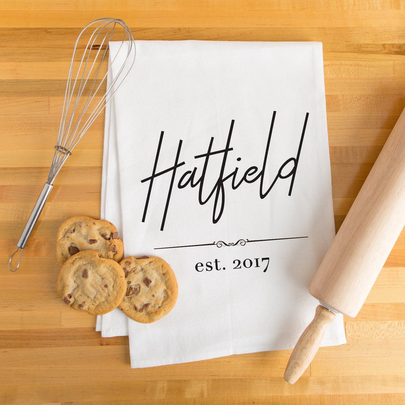 Last Name & Date Tea Towel - Personalized Kitchen Towel