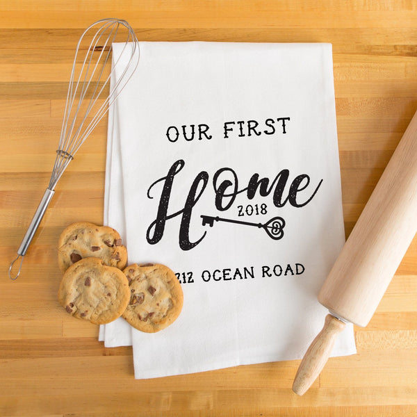 "Our First Home" Address Tea Towel - Personalized Kitchen Towel