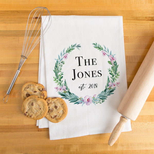 Last Name Watercolor Wreath Tea Towel - Personalized Kitchen Towel