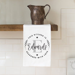 "Seasoned with Love" Monogram Tea Towel - Personalized Kitchen Towel