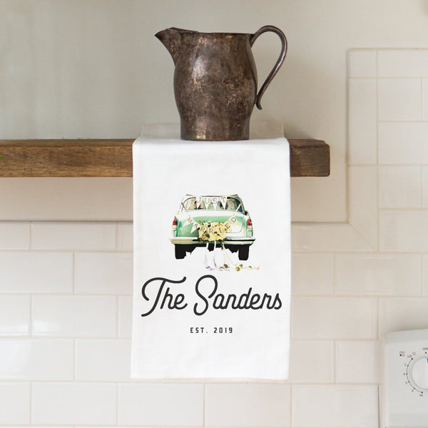 "Just Married" Car with Last Name Tea Towel - Personalized Kitchen Towel