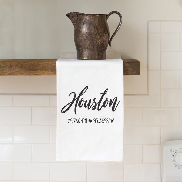 City, State, Coordinates Tea Towel - Personalized Kitchen Towel