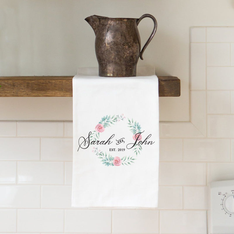Couples Towel Tea Towel with Floral Wreath - Personalized Kitchen Towel