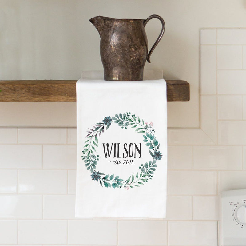 Last Name & Date Wreath Tea Towel - Personalized Kitchen Towel