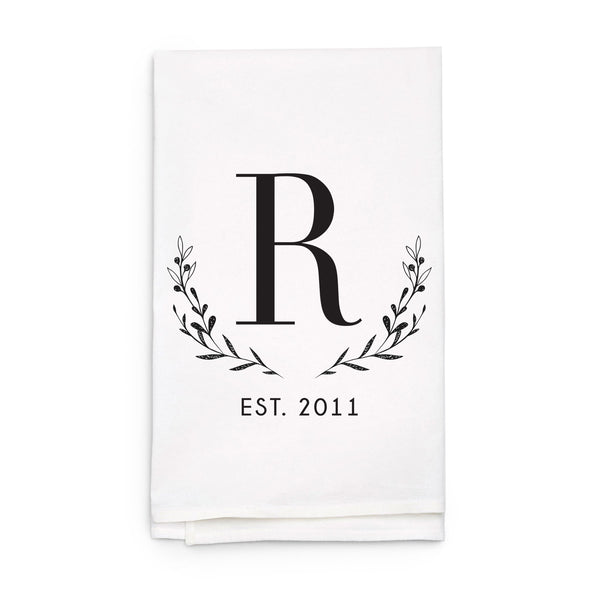 Monogram Laurel Wreath Tea Towel - Personalized Kitchen Towel