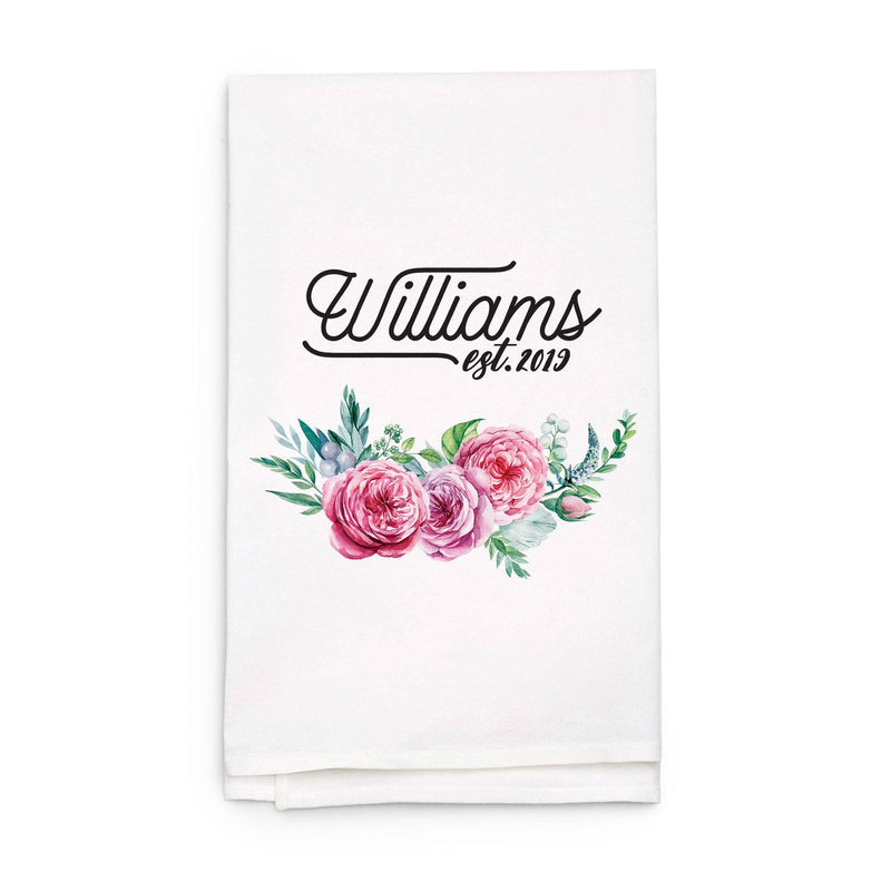 Last Name, Est. Year, Floral Tea Towel - Personalized Kitchen Towel