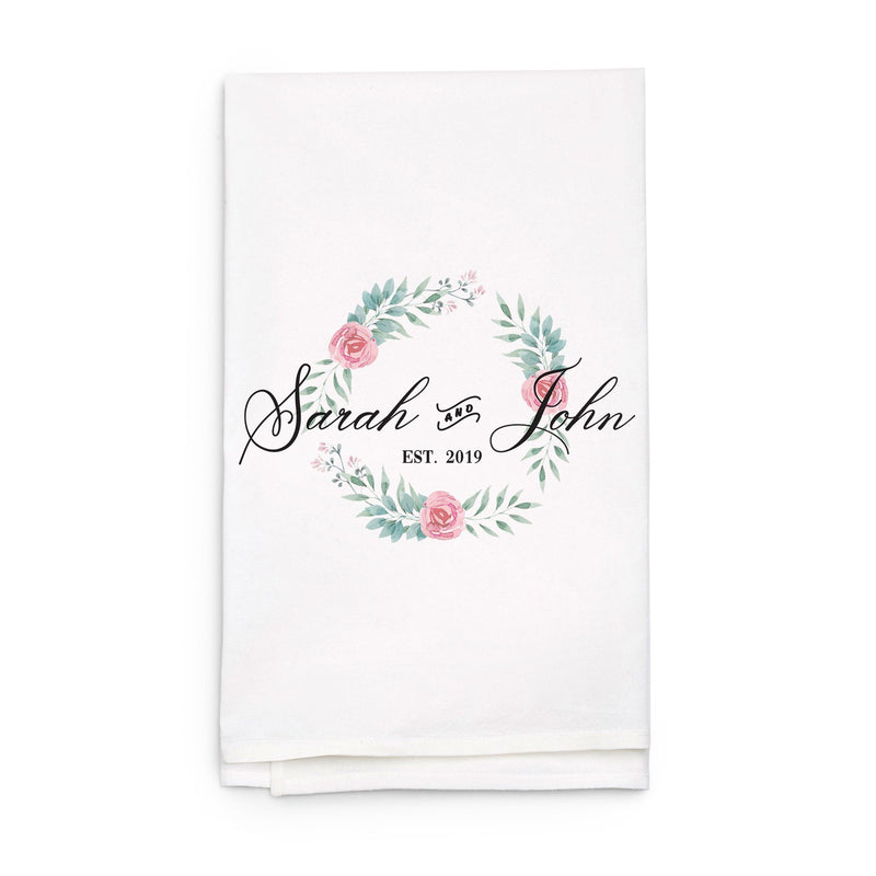 Couples Towel Tea Towel with Floral Wreath - Personalized Kitchen Towel