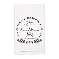 "Seasoned with Love" Family Name Tea Towel - Personalized Kitchen Towel