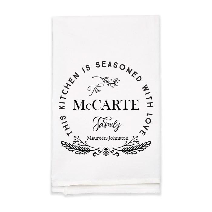 "Seasoned with Love" Family Name Tea Towel - Personalized Kitchen Towel