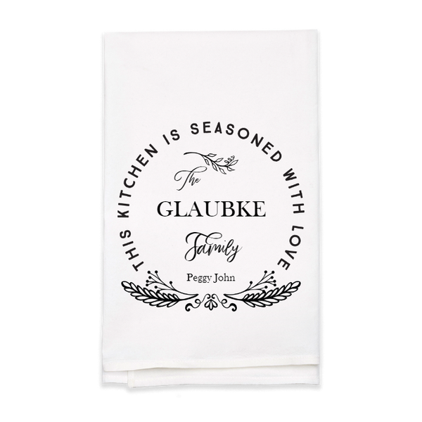 "Seasoned with Love" Family Name Tea Towel - Personalized Kitchen Towel