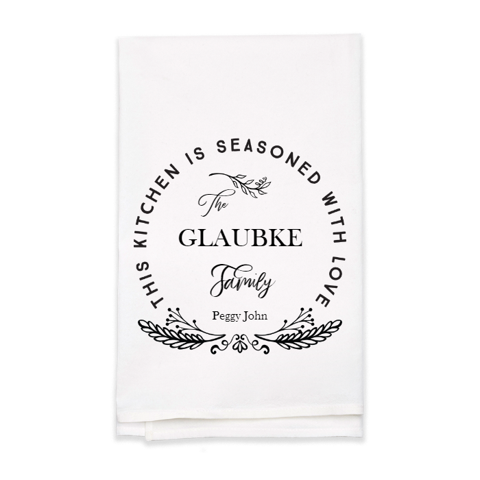 "Seasoned with Love" Family Name Tea Towel - Personalized Kitchen Towel
