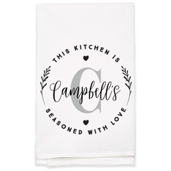 "Seasoned with Love" Monogram Tea Towel - Personalized Kitchen Towel