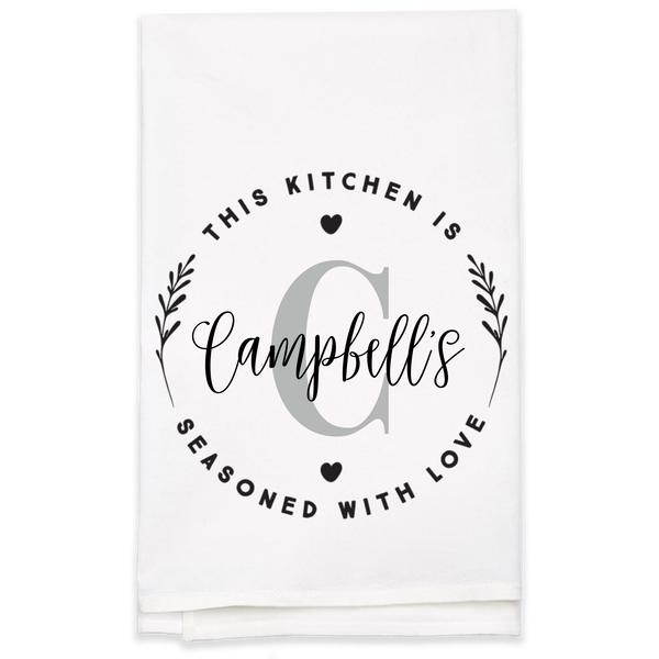 "Seasoned with Love" Monogram Tea Towel - Personalized Kitchen Towel