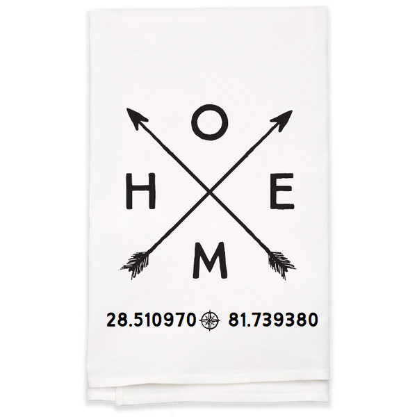 "Home" Tea Towel with Coordinates - Personalized Kitchen Towel