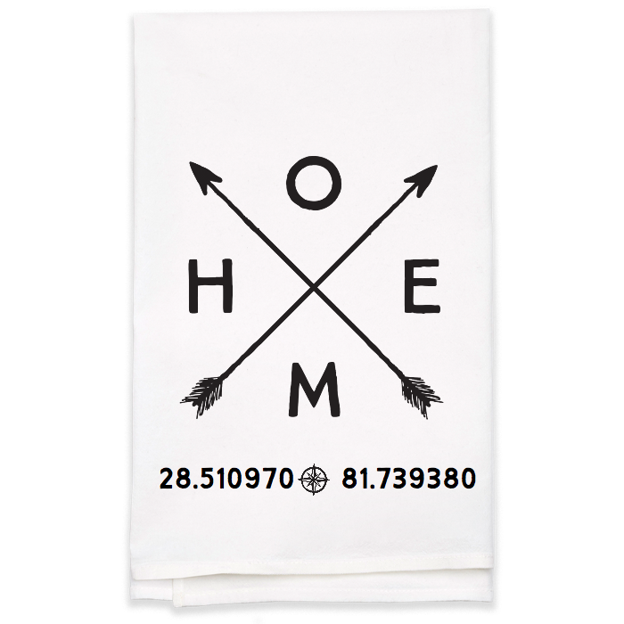 "Home" Tea Towel with Coordinates - Personalized Kitchen Towel