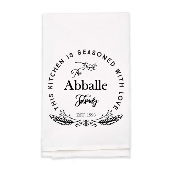 "Seasoned with Love" Family Name Tea Towel - Personalized Kitchen Towel