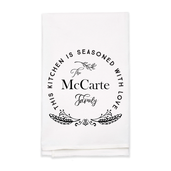 "Seasoned with Love" Family Name Tea Towel - Personalized Kitchen Towel