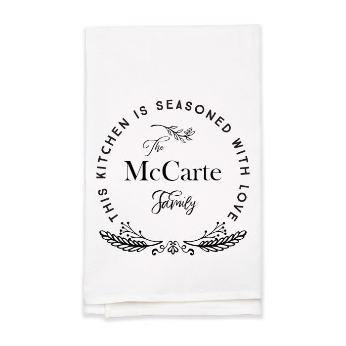 "Seasoned with Love" Family Name Tea Towel - Personalized Kitchen Towel