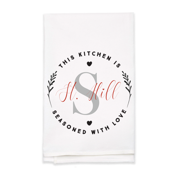 "Seasoned with Love" Monogram Tea Towel - Personalized Kitchen Towel