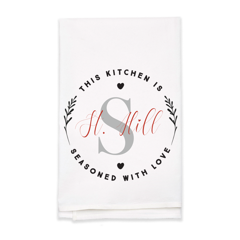 "Seasoned with Love" Monogram Tea Towel - Personalized Kitchen Towel