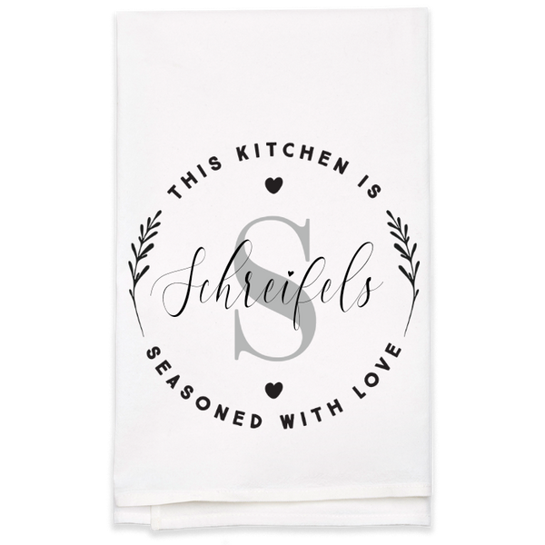 "Seasoned with Love" Monogram Tea Towel - Personalized Kitchen Towel