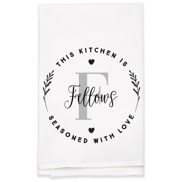 "Seasoned with Love" Monogram Tea Towel - Personalized Kitchen Towel