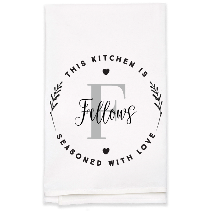 "Seasoned with Love" Monogram Tea Towel - Personalized Kitchen Towel