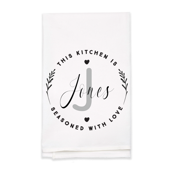 "Seasoned with Love" Monogram Tea Towel - Personalized Kitchen Towel