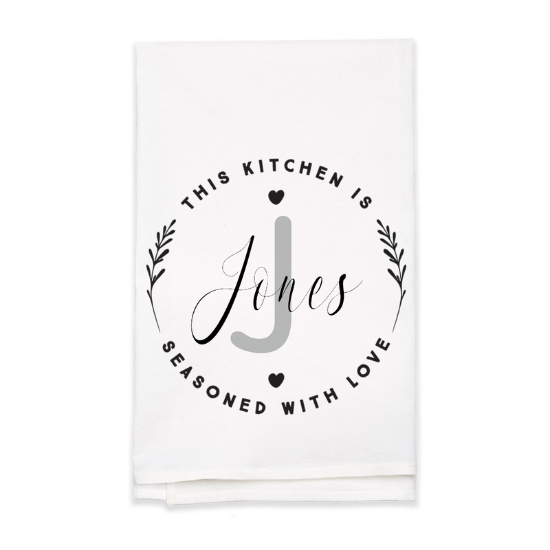 "Seasoned with Love" Monogram Tea Towel - Personalized Kitchen Towel