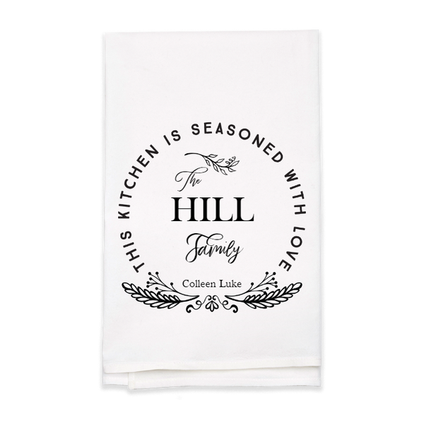 "Seasoned with Love" Family Name Tea Towel - Personalized Kitchen Towel