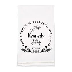 "Seasoned with Love" Family Name Tea Towel - Personalized Kitchen Towel