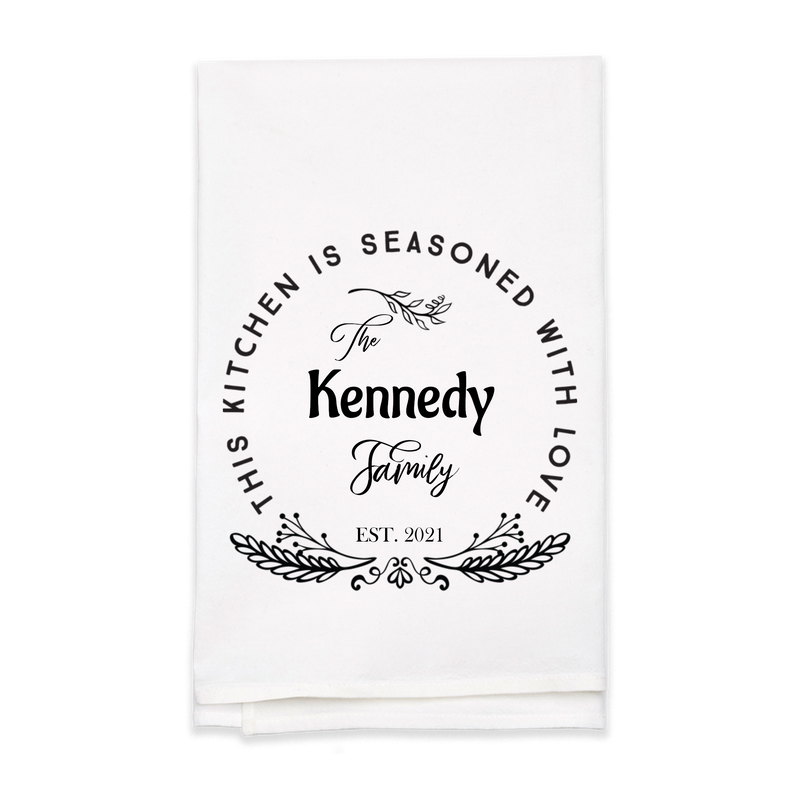 "Seasoned with Love" Family Name Tea Towel - Personalized Kitchen Towel
